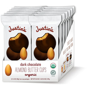 Justin's Organic Dark Chocolate Almond Butter Cups, Rainforest Alliance Certified Cocoa, Gluten-free, Responsibly Sourced, 12-pack (2 cups each)