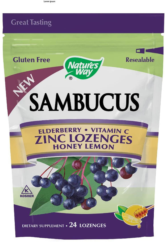 Nature's Way Sambucus Zinc Lozenges with Elderberry and Vitamin C, Honey Lemon Flavor, Gluten Free, Kosher Certified