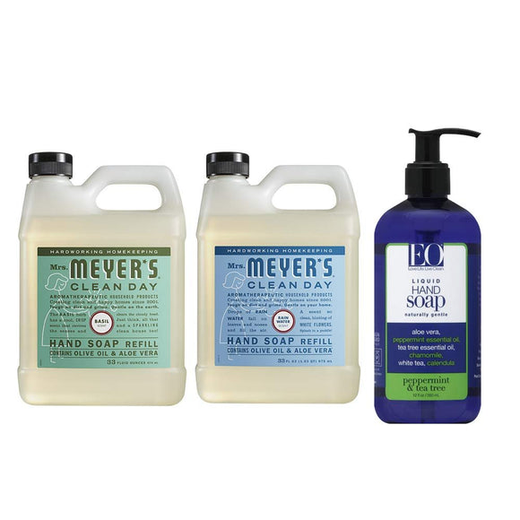 Mrs. Meyers Clean Day Liquid Hand Soap Refill, 1 Pack Basil, 1 Pack Rain water, 33 OZ each include 1 12 OZ Bottle of Hand Soap Peppermint & Tea Tree