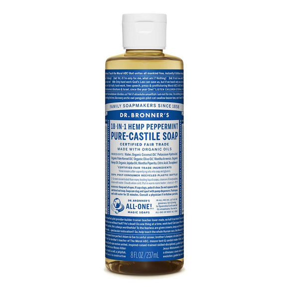 Pure-Castile Liquid Soap (Peppermint, 8 ounce) - Made with Organic Oils, 18-in-1 Uses: Face, Body, Hair, Laundry, Pets and Dishes, Concentrated, Vegan, Non-GMO - Pack of 1