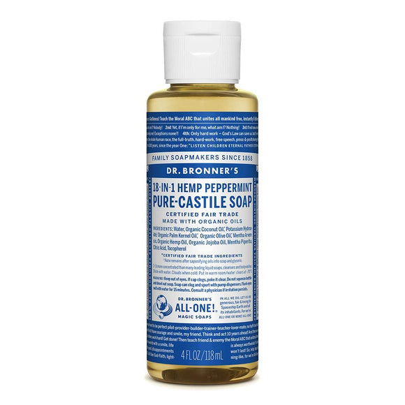 Pure-Castile Liquid Soap (Peppermint) - Made with Organic Oils, 18-in-1 Uses: Face, Body, Hair, Laundry, Pets and Dishes, Concentrated, Vegan, Non-GMO (4 Ounce) Pack of 4