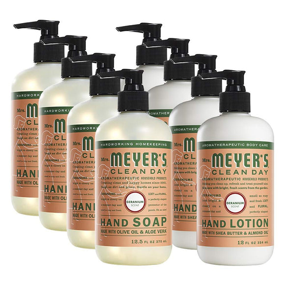 Mrs. Meyers Clean Day, 4 Packs Liquid Hand Soap 12.5 OZ, 4 Packs Hand Lotion 12 OZ, Geranium, 8-Packs