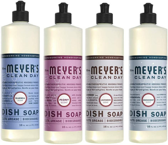 Mrs. Meyers Clean Day Liquid Dish Soap, 1 Pack Bluebell, 1 Pack Peony, 1 Pack Lavender, 1 Pack Snowdrop, 16 OZ each