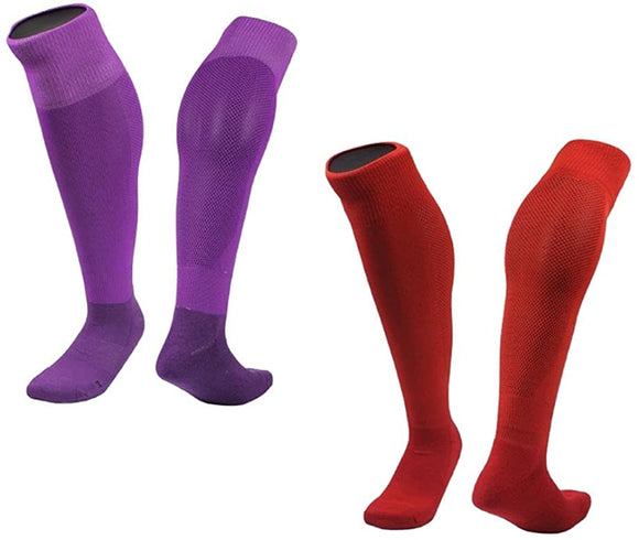 Lian LifeStyle 2 Pairs Exceptional Knee High Sports Socks for Soccer, Softball, Baseball and many other Sports XL0005 Size M (Purple,Red)