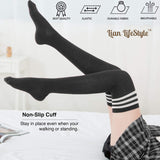 Lian LifeStyle Women's 3 Pairs Adorable Comfortable Soft Thigh High Over Knee High Cotton Socks Size 6-9 L1022(Black, Coffee, Navy)